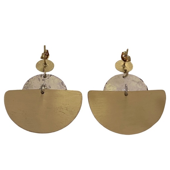 Gold and Silver Hammered Art Deco Metal Geometric Drop Earrings - Picture 4 of 5